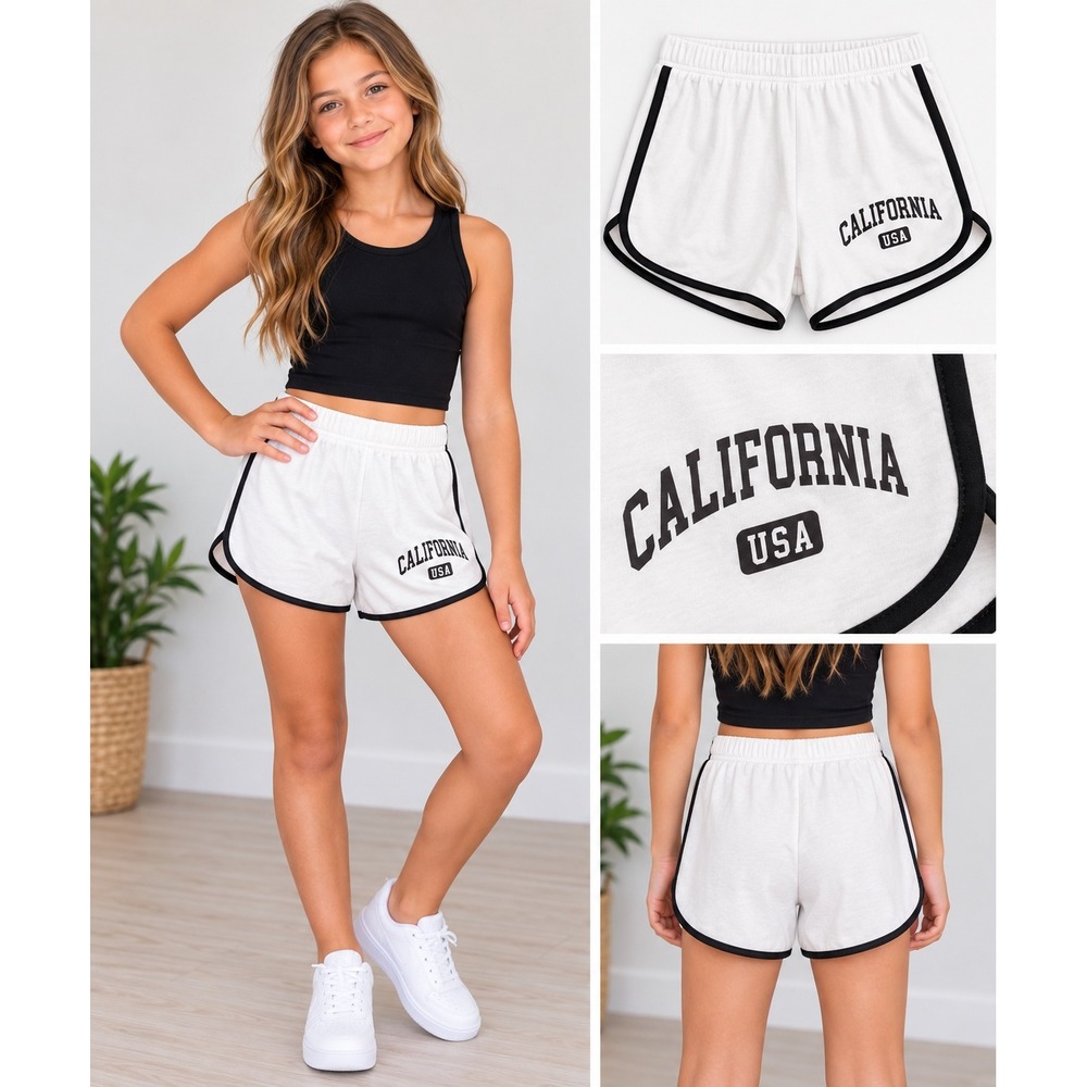 SHEIN Girl California USA Graphic Dolphin Shorts White Black Athletic Size 11-12